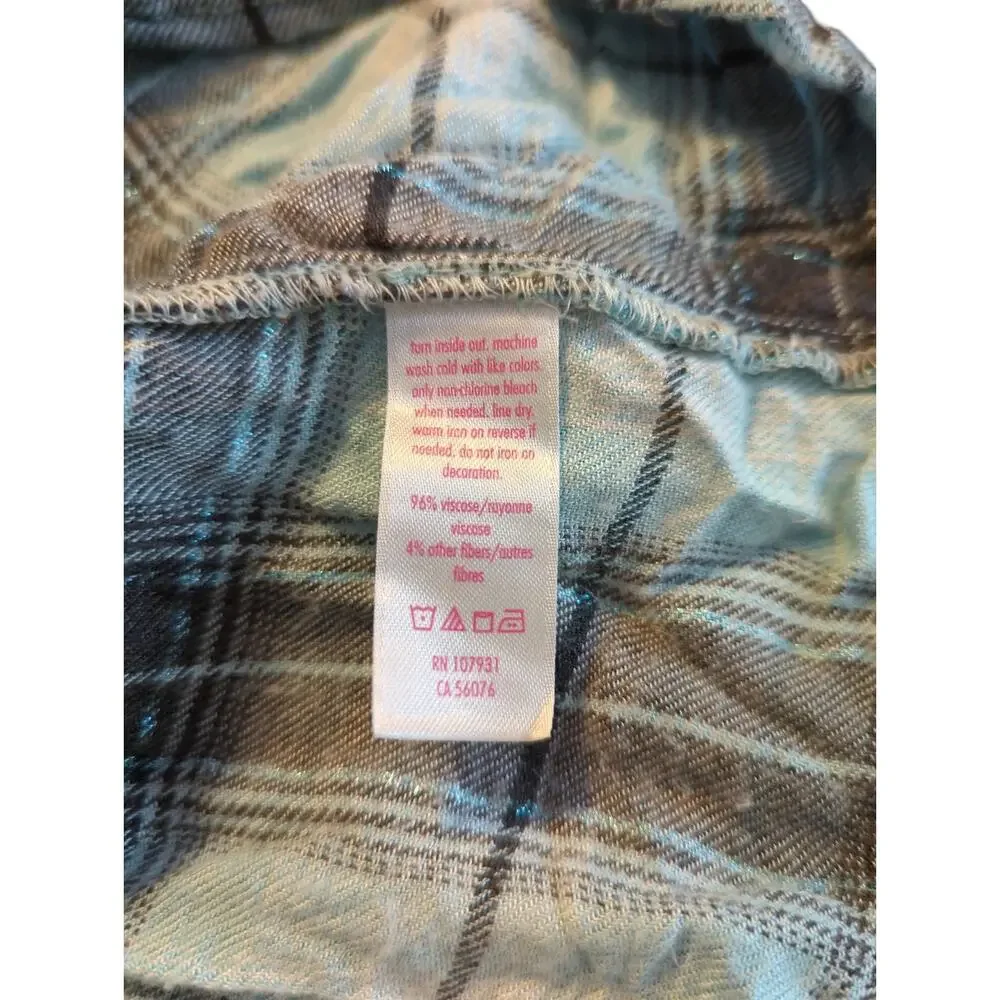 JUSTICE Teal White Plaid Tie Back Long Sleeve Flannel Girls Size 16 FLAW